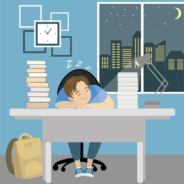 Un adolescente cansado duerme en la mesa con libros, ilustración vectorial de dibujos animados