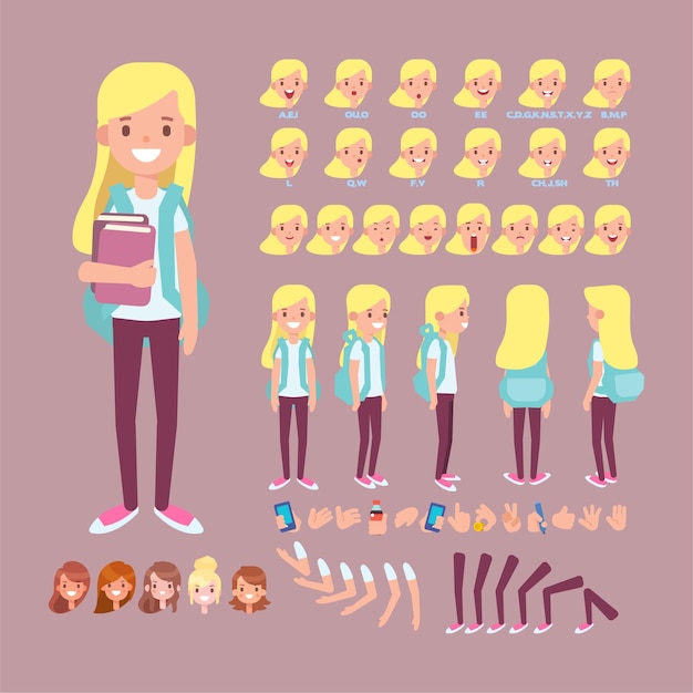 Vector adolescente con creación de libros para animación vista frontal trasera personaje animado