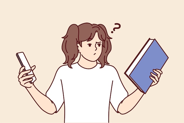 Una adolescente elige entre un libro y un teléfono para leer su historia de arte favorita Imagen vectorial