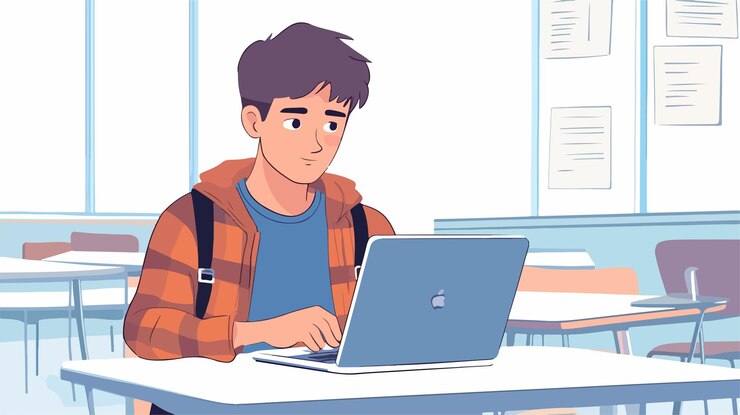 Vector adolescente enfocado trabajando en una computadora portátil