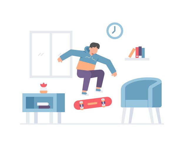 Un adolescente está jugando patineta dentro de la casa haciendo un truco