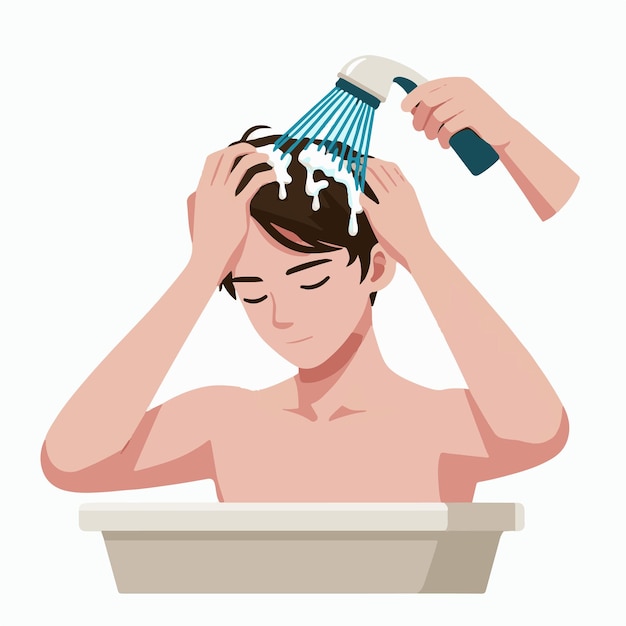 un adolescente está lavando el champú con un estilo de diseño plano simple y minimalista de fondo blanco