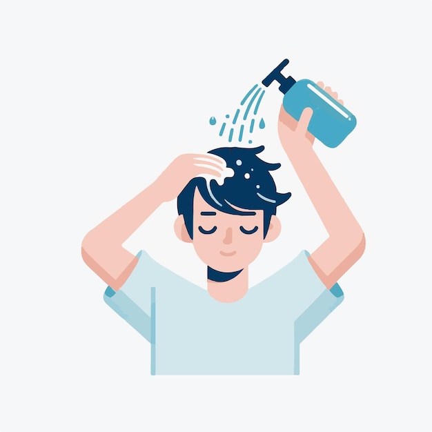 un adolescente está lavando el champú con un estilo de diseño plano simple y minimalista de fondo blanco