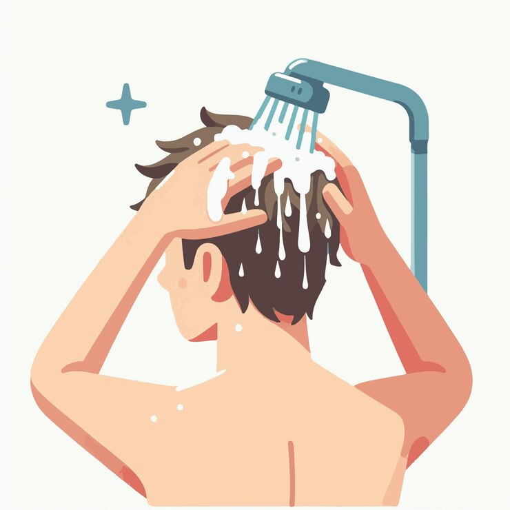 Vector un adolescente está lavando el champú con un estilo de diseño plano simple y minimalista de fondo blanco