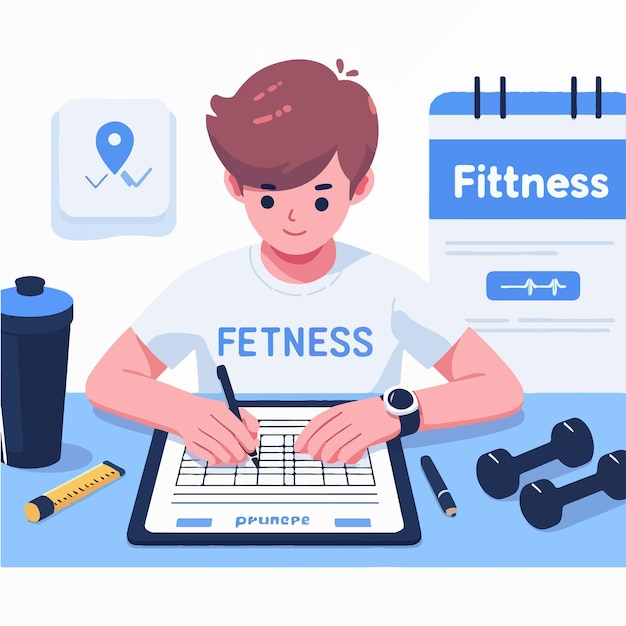 un adolescente está leyendo revisiones de noticias de fitness con un estilo de diseño plano vector simple y minimalista