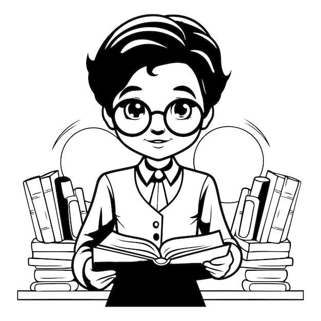 Adolescente con gafas leyendo un libro Ilustración vectorial en blanco y negro