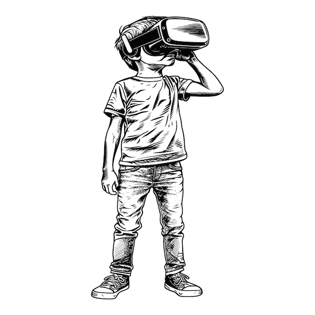 adolescente jugando con auriculares de realidad virtual en el antiguo estilo de arte de grabado