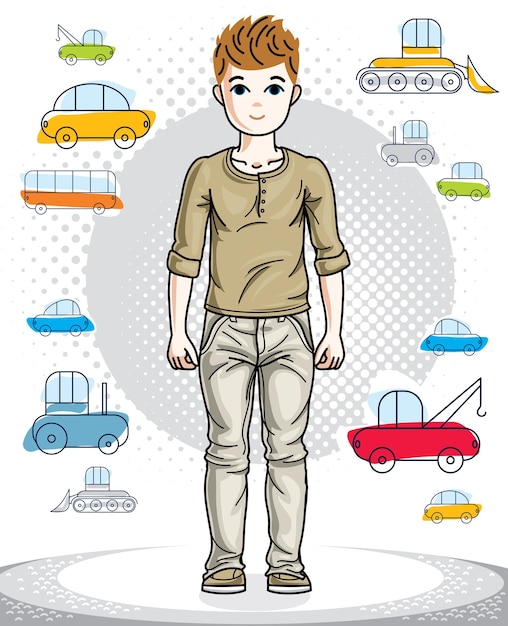 Adolescente lindo niño de pie en ropa casual con estilo. Ilustración vectorial para niños. Imágenes prediseñadas de tema de moda. Dibujos animados de estilo de vida infantil.