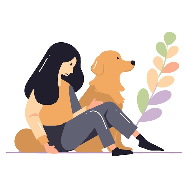 Adolescente con un lindo perro en estilo plano aislado en el fondo
