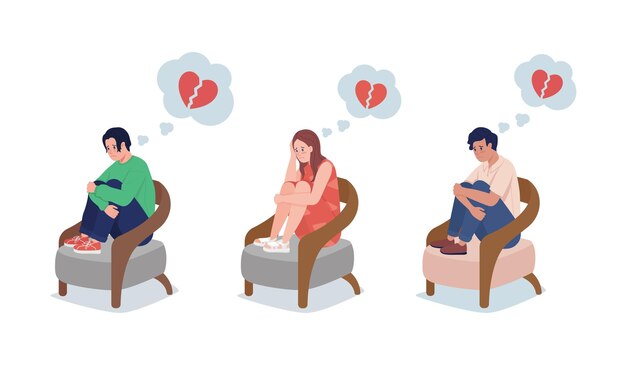Adolescente molesto por el amor conjunto de caracteres vectoriales de color semi plano. Figura sentada. Gente de cuerpo entero en blanco. Romper la ilustración de estilo de dibujos animados moderno aislado para el diseño gráfico y la colección de animación