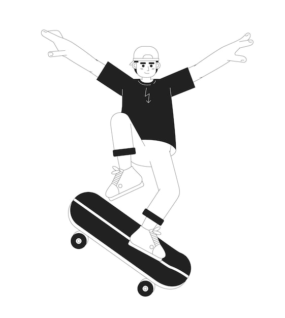 Adolescente montando patineta personaje de contorno de dibujos animados de vector plano