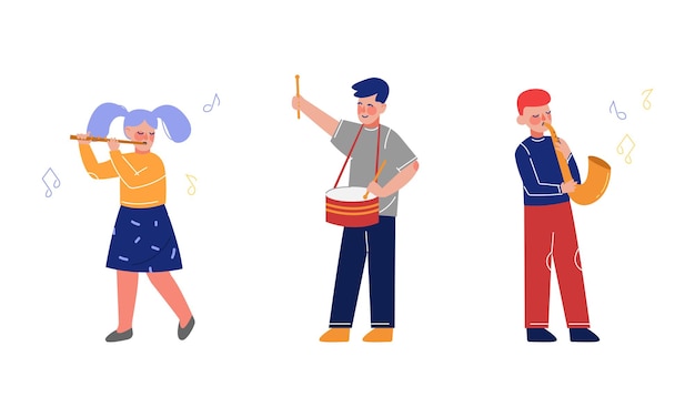 Adolescente y niña tocando la batería y la flauta como músicos talentosos Conjunto vectorial de personajes