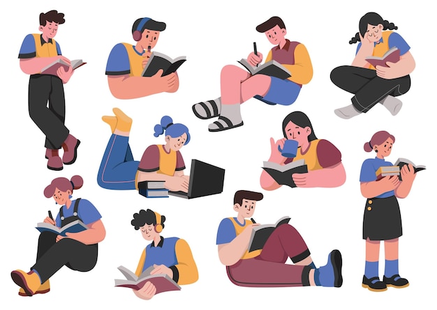 Adolescente y niño en estudio personaje de dibujos animados estilo plano ilustración estudiante aprendizaje diseño