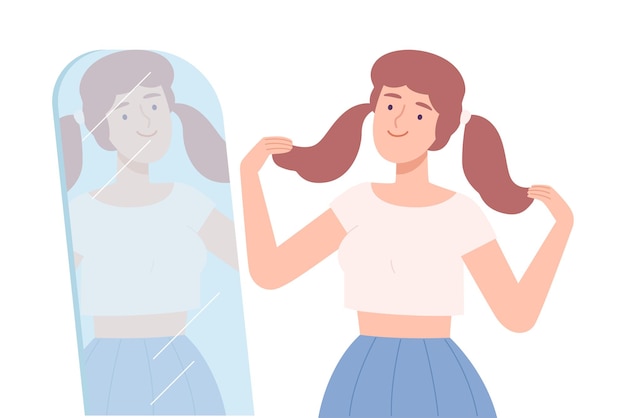 Adolescente de pie frente al espejo y haciendo peinado Ilustración vectorial de estilo dibujos animados