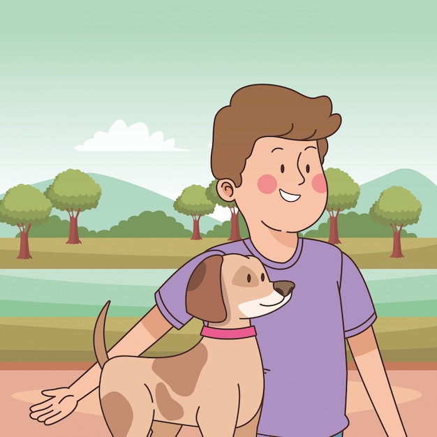 Adolescente sonriendo y paseando al perro de dibujos animados