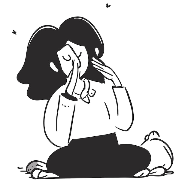 Adolescente triste sentado en el suelo con la mano dibujada plana y elegante pegatina de dibujos animados