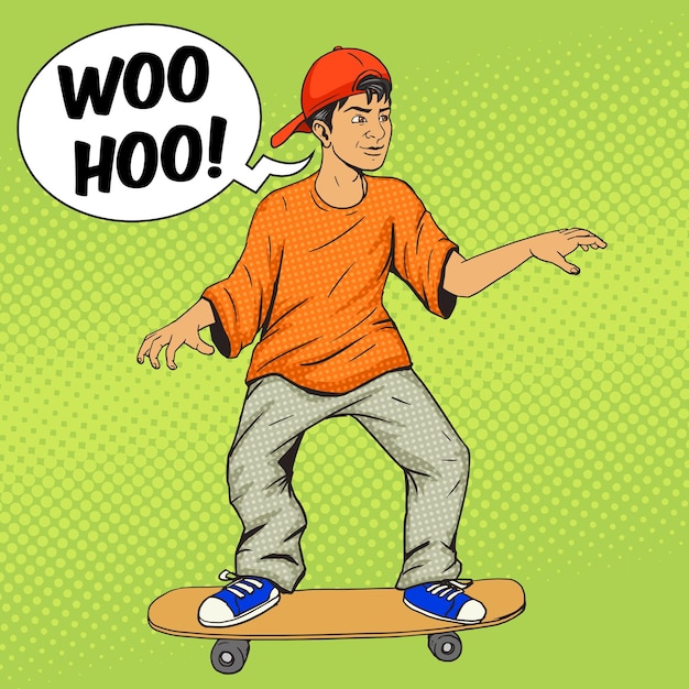 Adolescente en un vector de arte pop de patineta