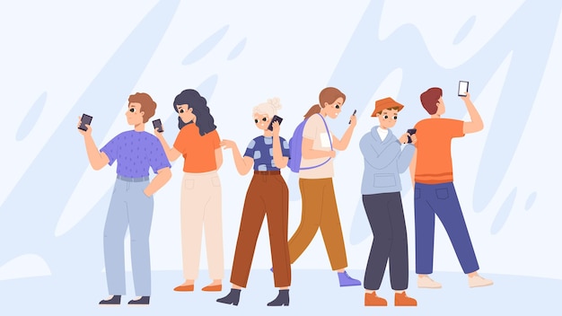 Adolescentes comunicación en línea concepto de adicción a los aparatos adultos jóvenes que usan teléfonos inteligentes a pie publicando y chateando escena vectorial de tiempo digital
