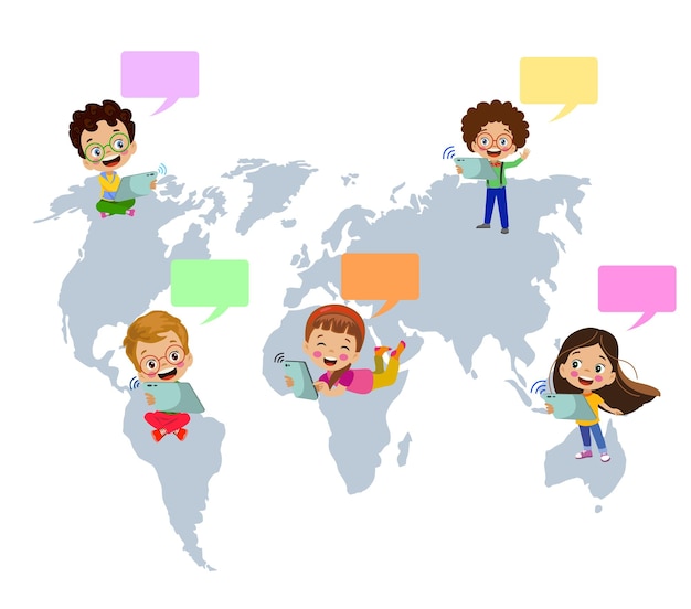 Adolescentes conectados con teléfonos inteligentes y computadoras sobre el globo terráqueo Amigos usando redes sociales