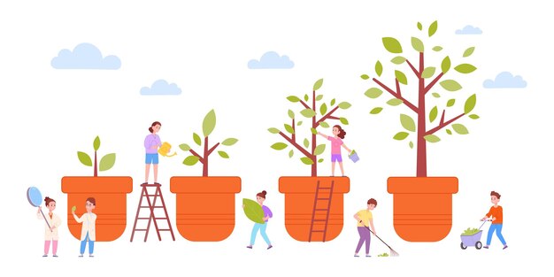 Los adolescentes cultivan árboles Niños plantando brotes ecológicos y limpiando o recogiendo plantas hojas niños o adolescentes jardinería desarrollo de la tierra protección naturaleza planta vector ilustración