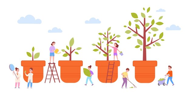 Los adolescentes cultivan árboles niños plantando brotes ecológicos y limpiando o recogiendo plantas hojas niños o adolescentes jardinería desarrollo de la tierra protección naturaleza planta vector ilustración