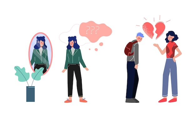 Adolescentes estresados que sufren de amor no correspondido y trastorno dismórfico Problemas de la pubertad adolescente Ilustración vectorial