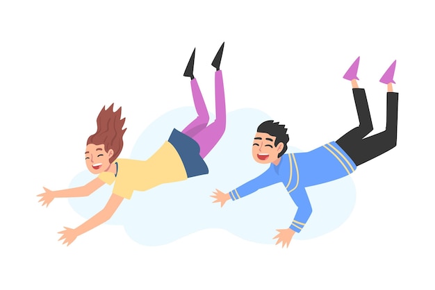 Vector adolescentes felices volando en el cielo sonriendo soñando niño y niña flotando en el aire ilustración vectorial al estilo de dibujos animados