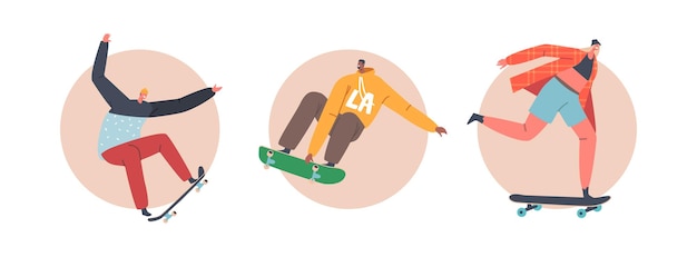 Adolescentes haciendo acrobacias y trucos en patinetas iconos redondos aislados o avatares jóvenes patinando longboards adolescentes patinadores niños y niñas cultura urbana y deporte dibujos animados vector ilustración