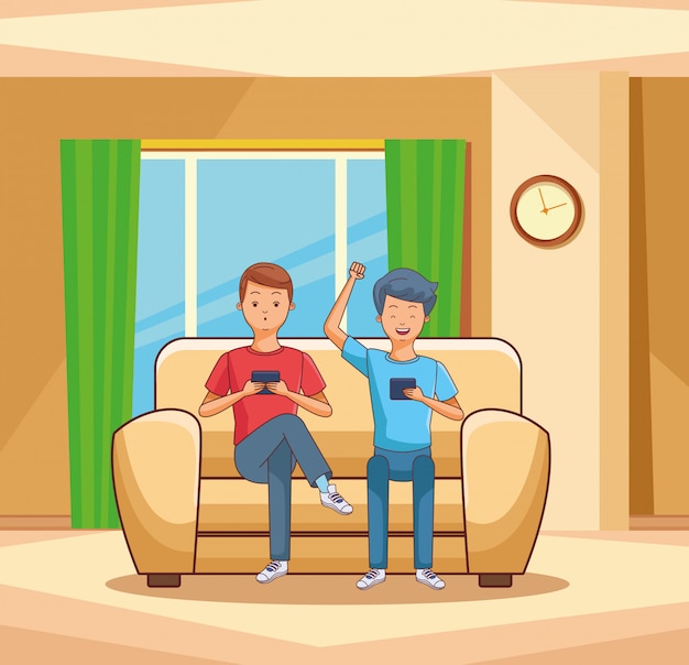 adolescentes usando un teléfono inteligente sentado en el sofá