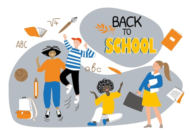 Los adolescentes van a la escuela Banner de regreso a la escuela Concepto de diseño de educación vectorial