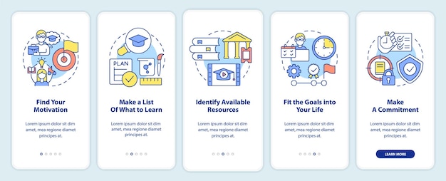 Adopción del aprendizaje permanente incorporación de la pantalla de la aplicación móvil Recorrido de 5 pasos páginas de instrucciones gráficas con conceptos lineales UI UX Plantilla de GUI Myriad ProBold Fuentes regulares utilizadas