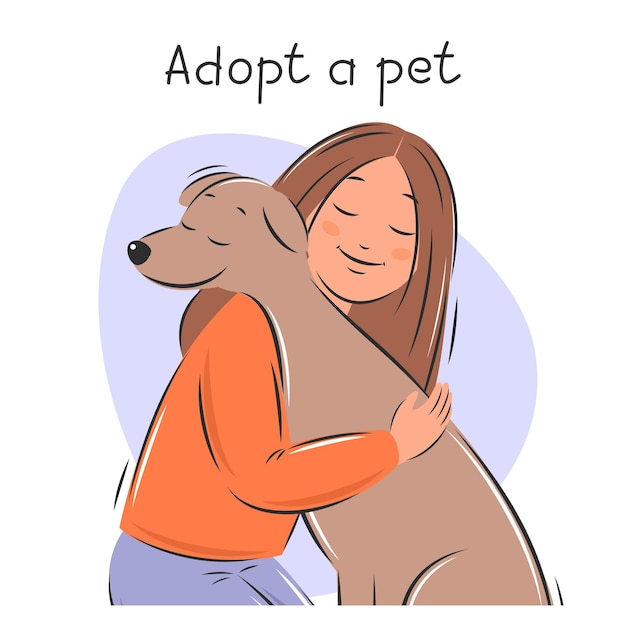 Vector adopción de mascotas niña perro de acaricio animales domésticos y dueños amistad con los animales.