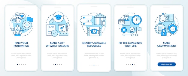 Adopción de la pantalla de la aplicación móvil de incorporación azul de aprendizaje permanente recorrido de 5 pasos páginas de instrucciones gráficas con conceptos lineales plantilla de interfaz gráfica de usuario ui ux myriad probold fuentes regulares utilizadas