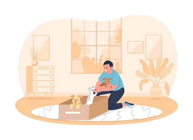 Adopción de perros 2D vector ilustración aislada. Hombre feliz sentado en el suelo con personajes planos cachorros sobre fondo de dibujos animados. Dueño llevando mascotas. Rescate de animales domésticos colorida escena.