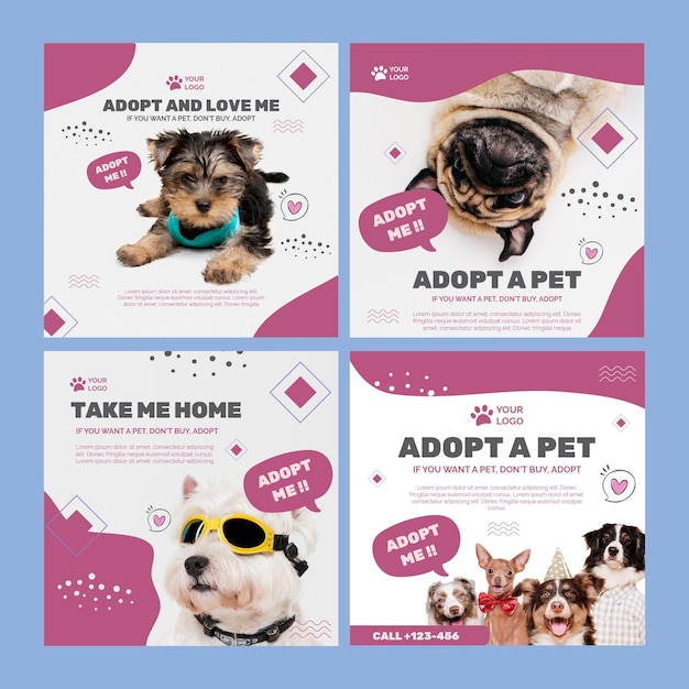 Vector adopta una plantilla de publicación de instagram para mascotas