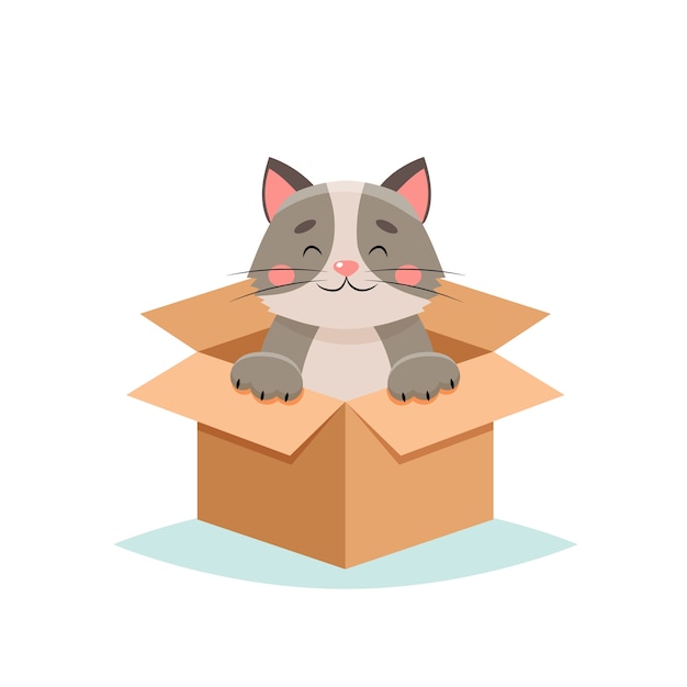 Vector adoptar una mascota - lindo gato en una caja, sobre fondo blanco.