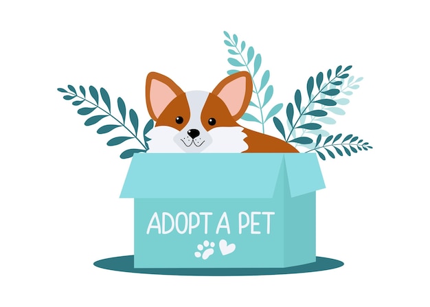 Adoptar un perro Lindo dibujo animado cachorro sin hogar caja mascotas fomenta la adopción de mascotas Adoptar ayudar a animales sin hogar