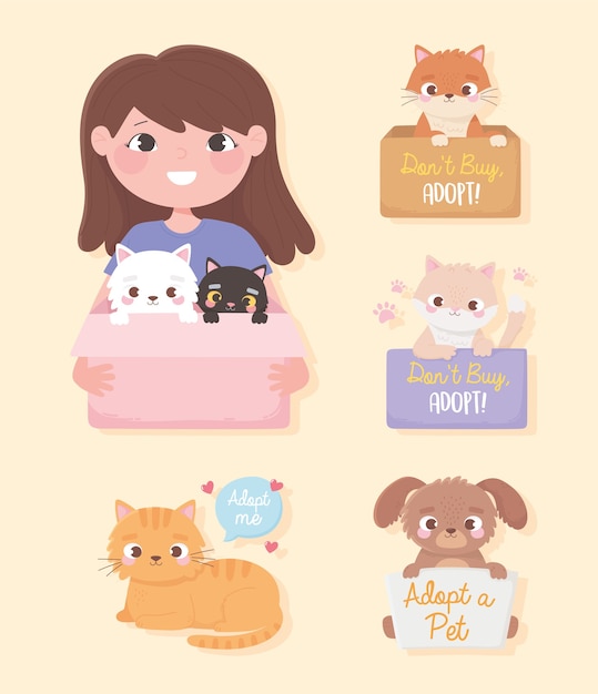 Adopte una mascota, niña con gatos en caja y animalitos con ilustración de letras