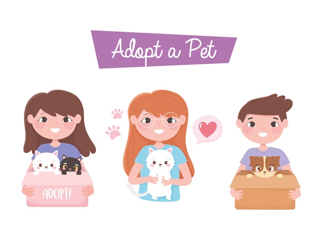 Vector adopte una mascota, niño feliz y niñas con ilustración de dibujos animados de perro y gato