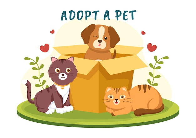 Vector adopte una mascota de un refugio de animales en forma de gatos o perros para cuidar en una ilustración plana de dibujos animados