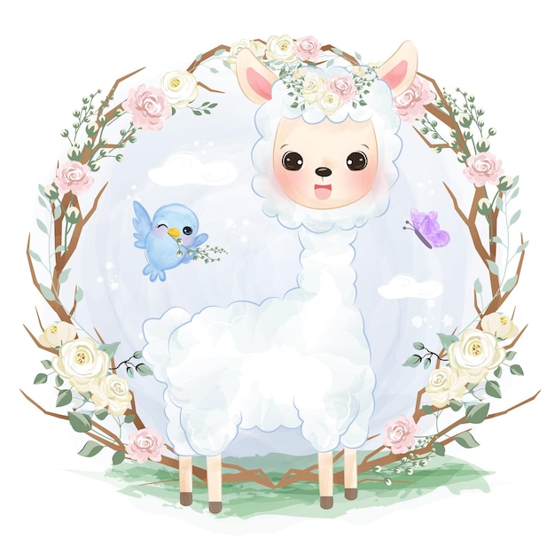 Vector adorable alpaca jugando en la ilustración del jardín en acuarela