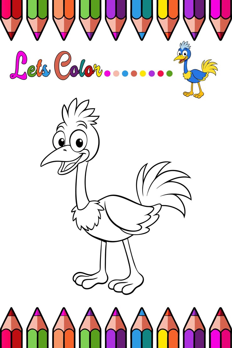 Adorable avestruz página para colorear para niños divertido e imprimible dibujos animados de pájaros contorno para el aprendizaje creativo