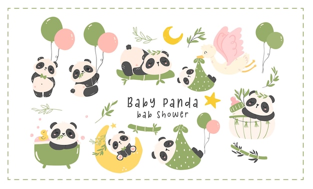 Adorable Baby Panda Ilustración del conjunto de elementos de la ducha de bebé de la guardería de dibujos animados