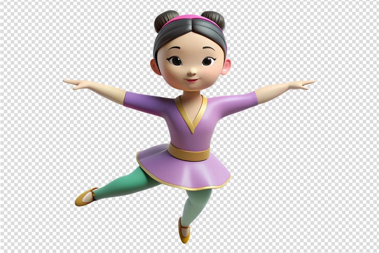 Vector adorable bailarina asiática bailando en una postura de ballet ilustración 3d aislada