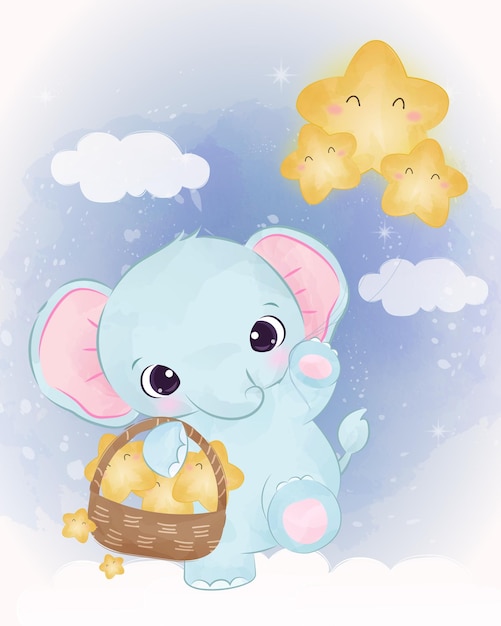 Adorable bebé elefante jugando con estrellas