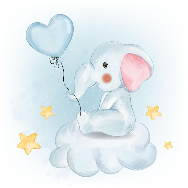 Vector adorable bebé elefante sosteniendo globo forma corazón acuarela