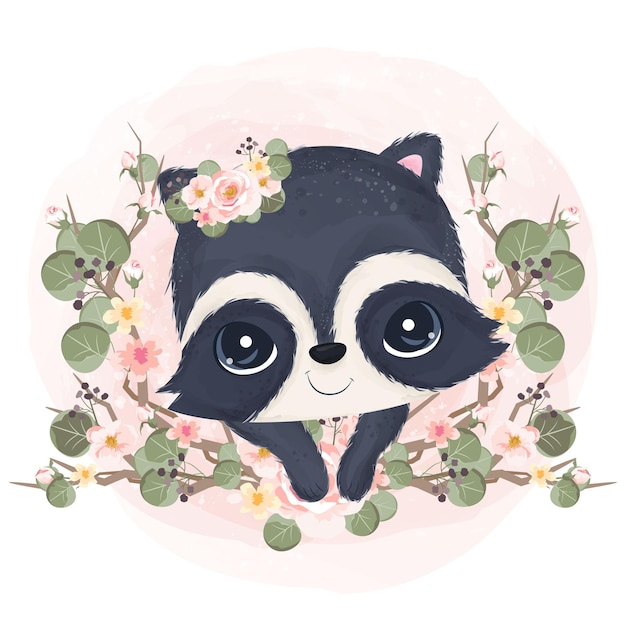 Adorable bebé mapache ilustración en acuarela