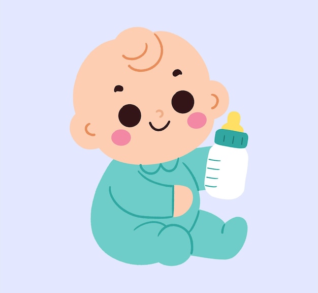 Adorable bebé sosteniendo una botella de leche Ilustración de dibujos animados Infante recién nacido lindo