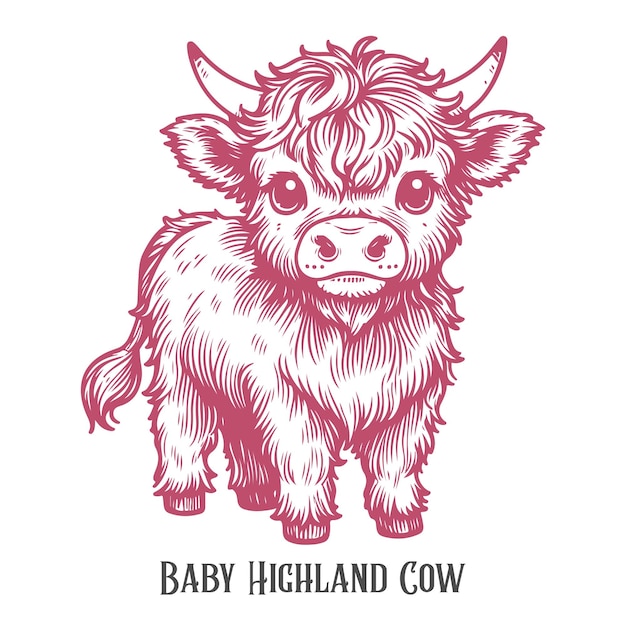 Adorable bebé vaca de las tierras altas en pie Ilustración en estilo vintage
