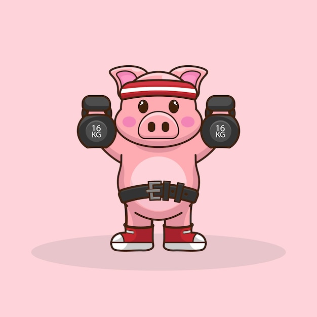 Vector adorable cerdo de dibujos animados flexionando los músculos con pesas rusas en uniforme verde